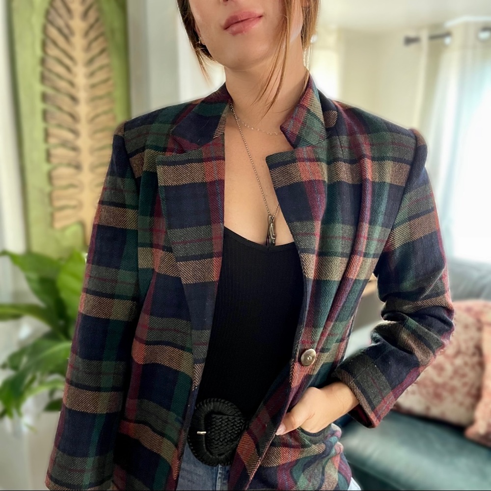 VTG 90s Plaid Hunter Green Plum Blazer